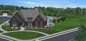 A rendering of a modern house with a large front yard.